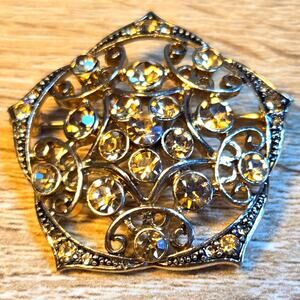 Vintage Monet Gold Tone Rhinestone Filigree Brooch